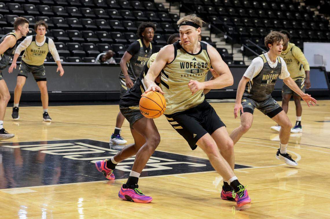 Wofford basketball player Kyler Filewich practices with his team on Monday, Feb. 24, 2025.