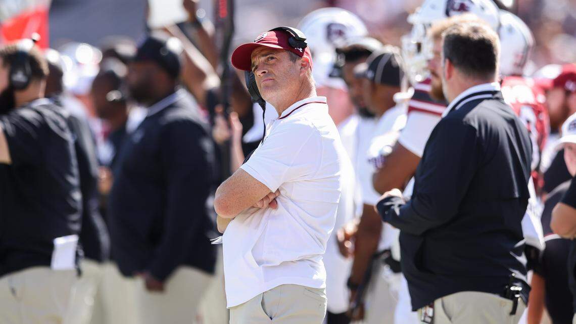 South Carolina head coach Shane Beamer looks to the scoreboard during the first half of South Carolina’s game against Oklahoma at Williams-Brice Stadium in Columbia on Saturday, October 18, 2025.