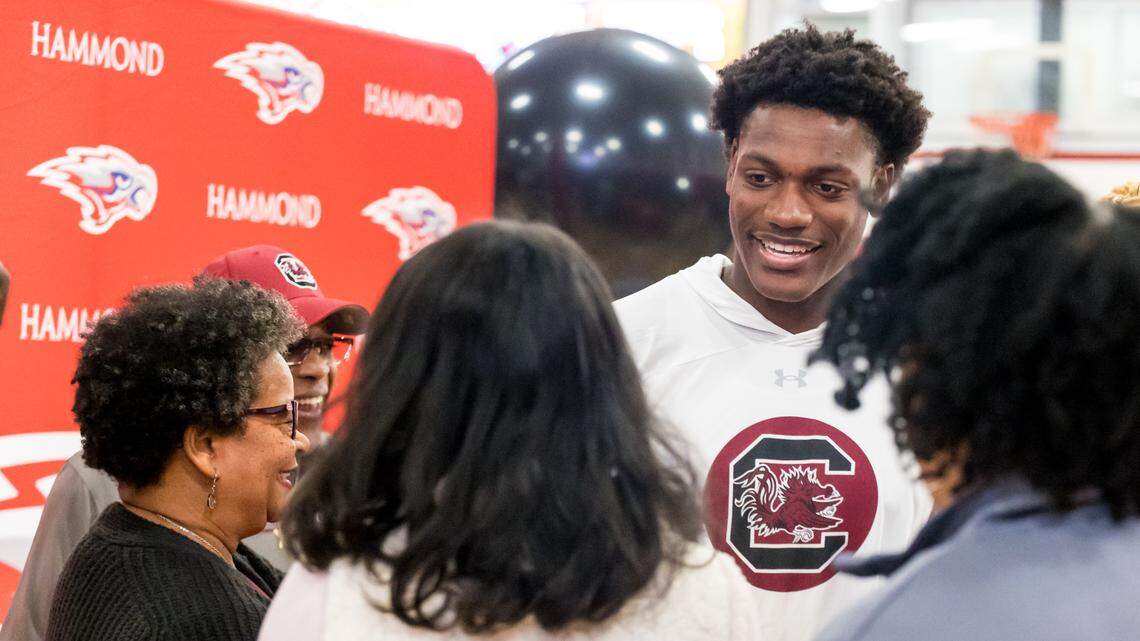 Hammond tight end Mike Tyler during signing day at Hammond School. Tyler switched his commitment from LSU to the University of South Carolina, 12/4/24.