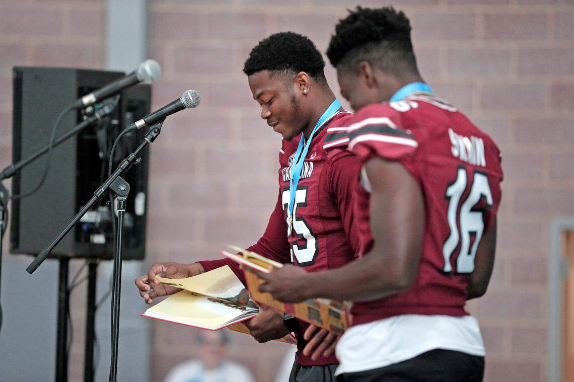 Zahbari Sandy, Vicari Swain and the University of South Carolina football team freshmen took part in the annual Pigskin Poets reading event Friday, July 21, 2023 at the Drew Wellness Center in Columbia.