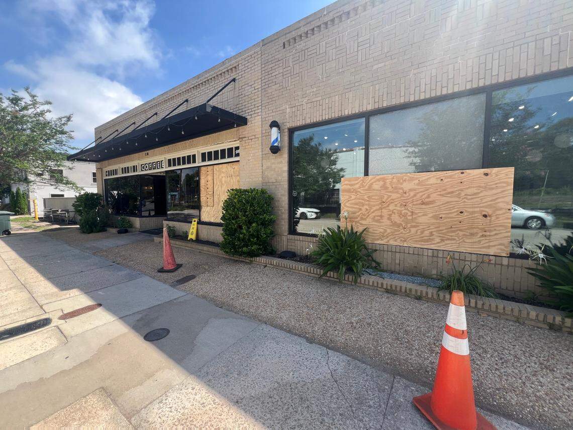 Indah Coffee seen damaged after a shooting on June 16, 2025.