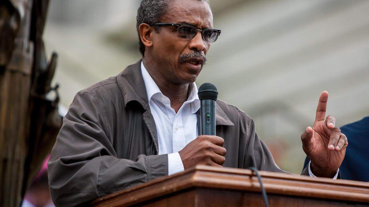 Lonnie Randolph, President of the SC chapter of NAACP, speaks during the 10,000 Hoodie March/Rally for Social Justice in Remembrance of Trayvon Martin. The rally began at the State House, and the crowd of about 5000 marched from there to the Matthew J. Perry Federal Court House, to take part in the nationwide “Justice for Trayvon 100 City Vigil”