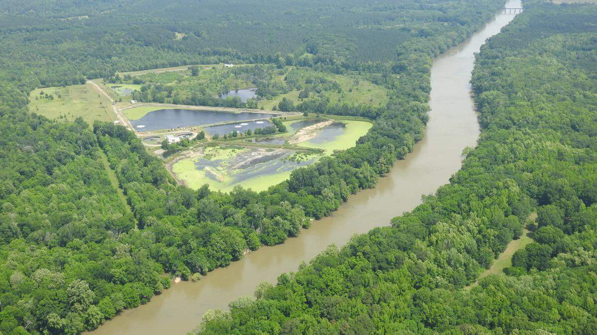 Aging waste ponds lie along the banks of the Broad River near Carlisle Finishing in Union County, about 60 miles upriver from Columbia’s canal drinking water plant. Forever chemicals, a class of toxic compounds, have been found in the river.