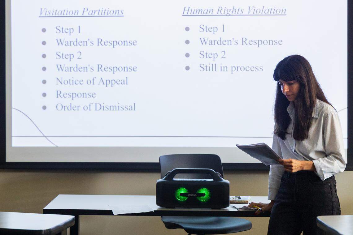 Christina Plakas teaches a class with Ben Case calling in from prison.