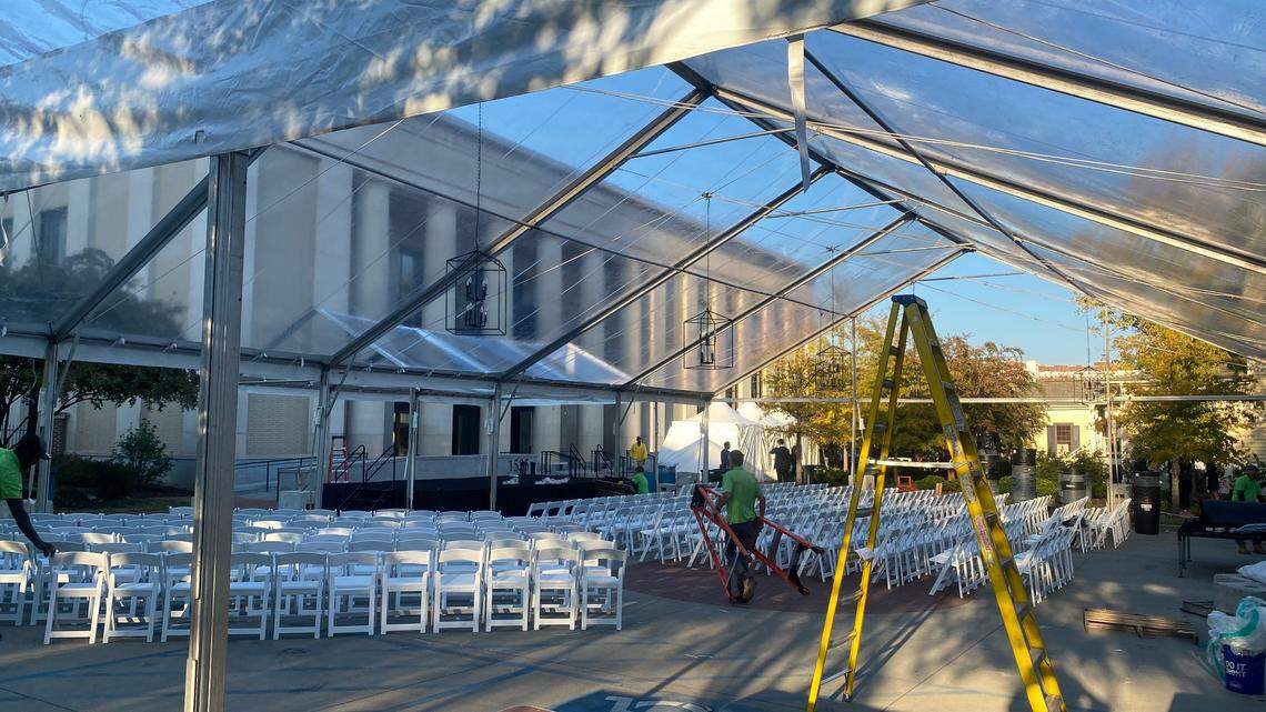 Workers this week set up chairs and tents in front of the University of South Carolina School of Law in anticipation of announcing a mega donation on Friday, Nov. 10, 2023.