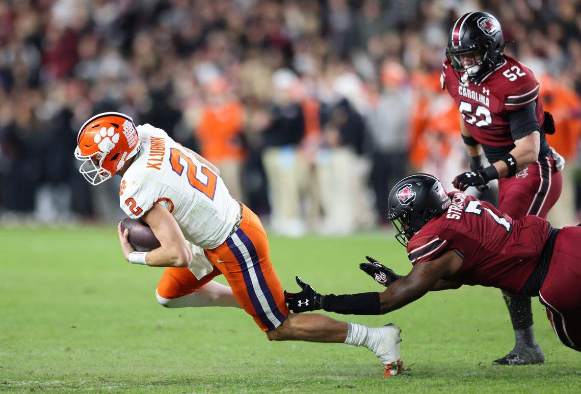 Clemson quarterback Cade Klubnik (2) hasn’t thrown a passing touchdown on 63 career attempts vs. South Carolina.