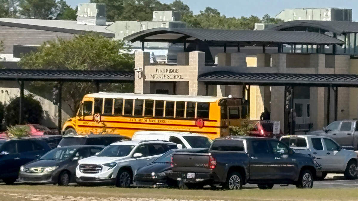 A school bus is parked at Pine Ridge Middle School on Thursday, April 17, 2025. A bus carrying students from Pine Ridge Middle School overturned in Chester County. At least 20 people were transported to the hospital.