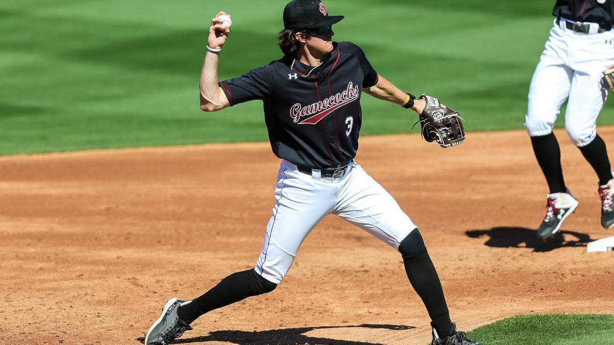 South Carolina Gamecocks shortstop Braylen Wimmer (3) throws out a runner during the game at Founders Park in Columbia, SC, March 5, 2023.