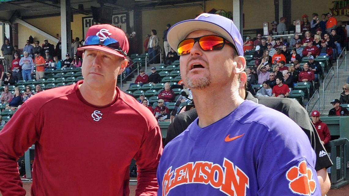 Monte Lee and Mark Kingston before the South Carolina-Clemson game March 2, 2019 at Fluor Field in Greenville.