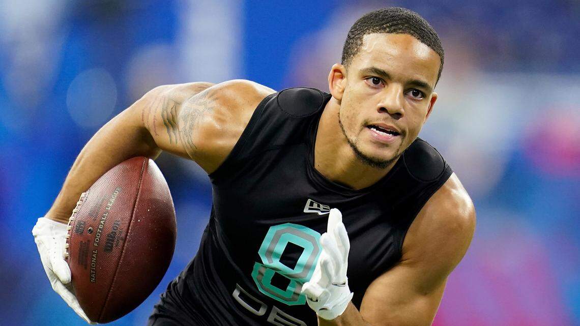 South Carolina State defensive back Decobie Durant (08) participates in a drill at the NFL football scouting combine in Indianapolis, Sunday, March 6, 2022.