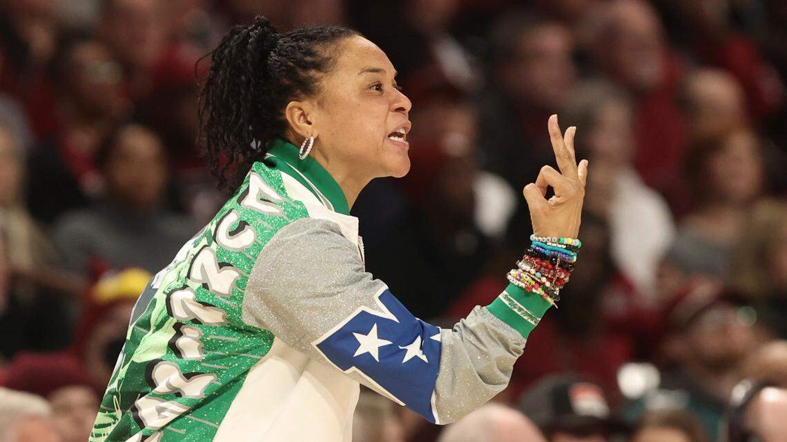 University of South Carolina Head Coach Dawn Staley communicates with her team during the second half of action against Texas in the Colonial Life Arena on Sunday, Jan. 12, 2025. The Gamecocks won 67-50.