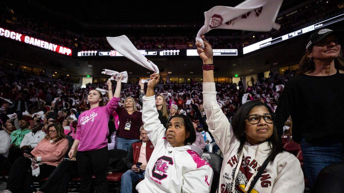 Fans cheer on the Gamecocks during South Carolina’s sold-out game against visiting LSU at Colonial Life Arena in Columbia on Feb. 12.