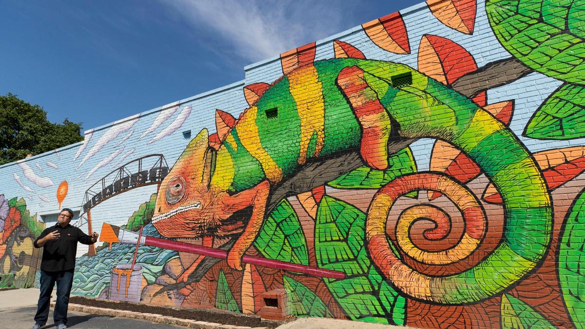Michael Geddings shows his mural in downtown Cayce, South Carolina on Friday, April 23, 2021.