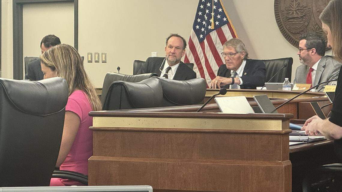House Ways and Means Chairman Bruce Bannister and Senate Finance Chairman Harvey Peeler prepare to begin a conference committee meeting on the budget on Wednesday, May 21, 2025.