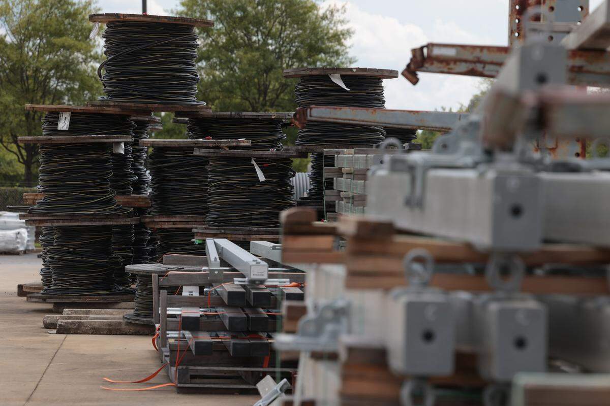 Pallets of items including cable, wire, poles and transformers are stored at the Dominion central distribution facility in Columbia. The items are on hand for daily needs and stored in sufficient quantities to supply outlying distribution centers in the state during emergencies. 