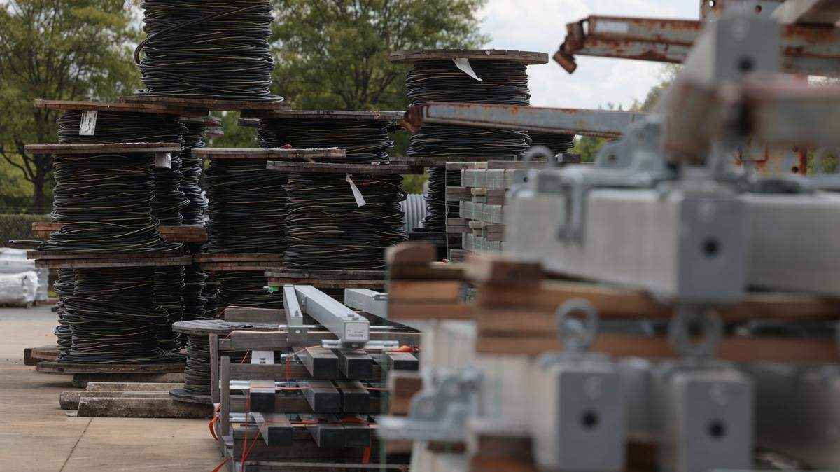 Pallets of items including cable, wire, poles and transformers are stored at the Dominion central distribution facility in Columbia. The items are on hand for daily needs and stored in sufficient quantities to supply outlying distribution centers in the state during emergencies.
