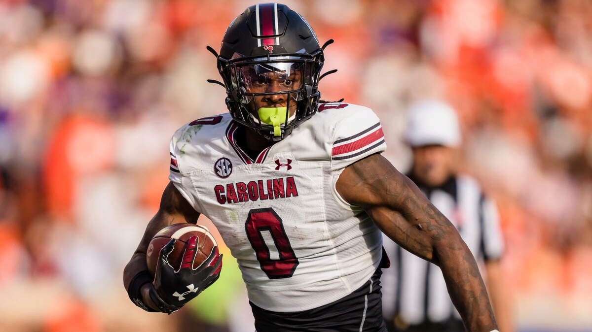 South Carolina tight end Jaheim Bell runs with the ball in the second half of an NCAA college football game against Clemson on Saturday, Nov. 26, 2022, in Clemson, S.C.