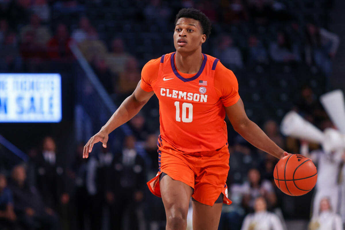 Feb 21, 2024; Atlanta, Georgia, USA; Clemson Tigers forward RJ Godfrey (10) dribbles against the Georgia Tech Yellow Jackets in the first half at McCamish Pavilion.
