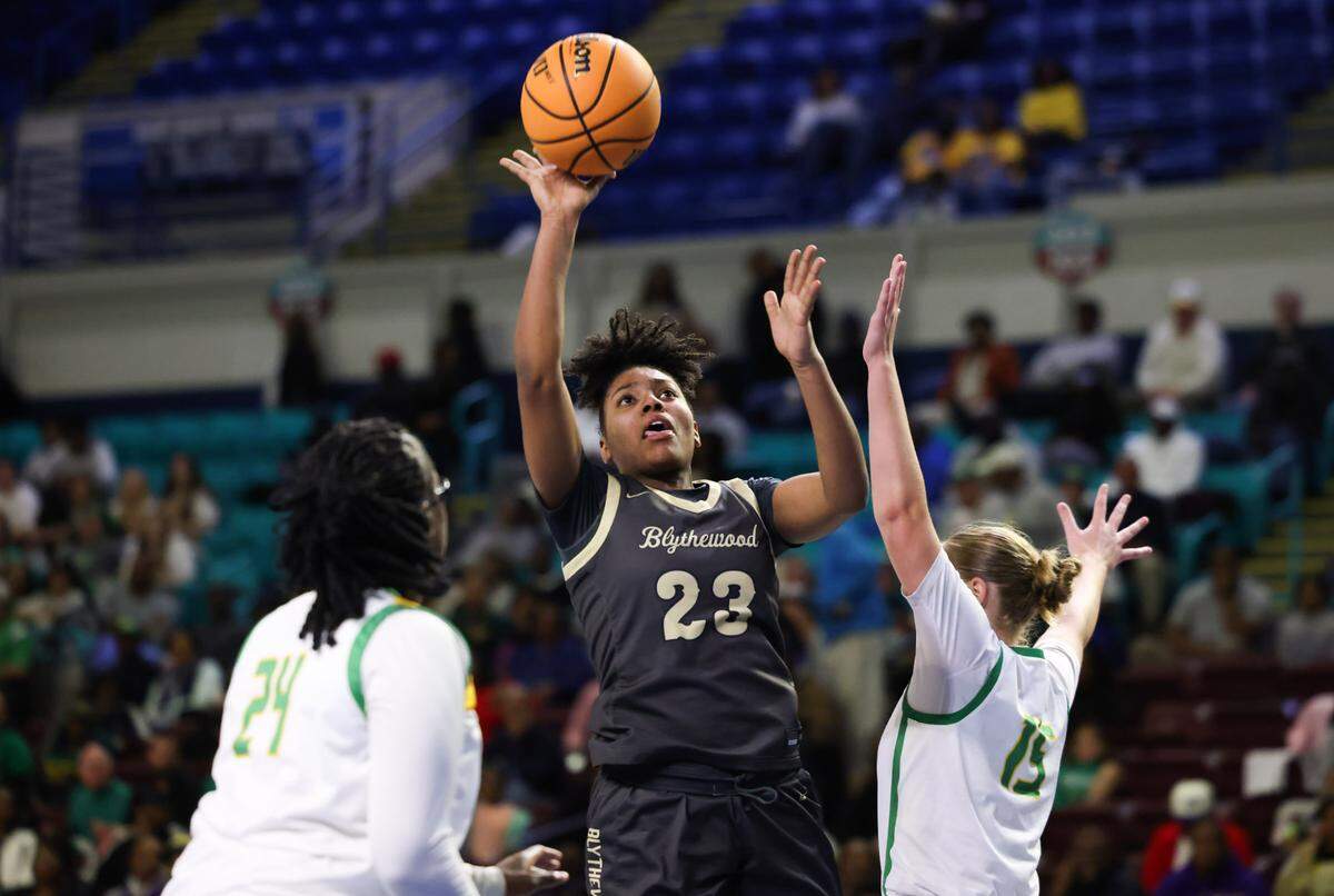Blythewood forward Chase Thomas (23) puts up a shot during the 2025 Class 5A Division I championship at the Florence Center in Florence on Friday, March 7, 2025.