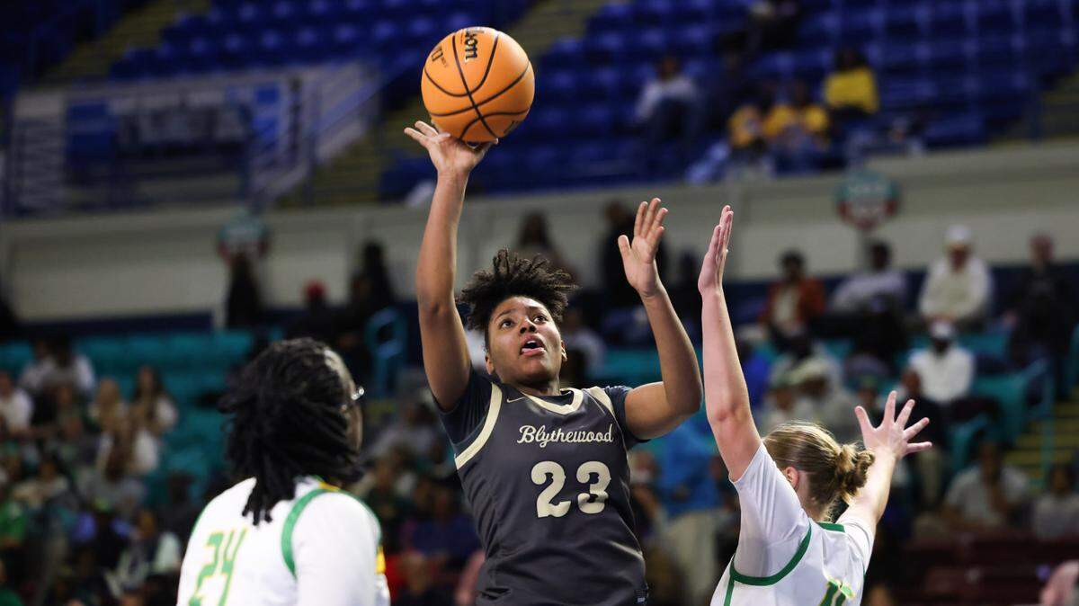 Blythewood forward Chase Thomas (23) puts up a shot during the 2025 Class 5A Division I championship at the Florence Center in Florence on Friday, March 7, 2025.