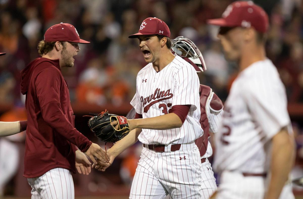 Will Sanders of USC reacts after striking out a batter during the Gamecocks’ game against Clemson at Founders Park on Friday, March 4, 2022.