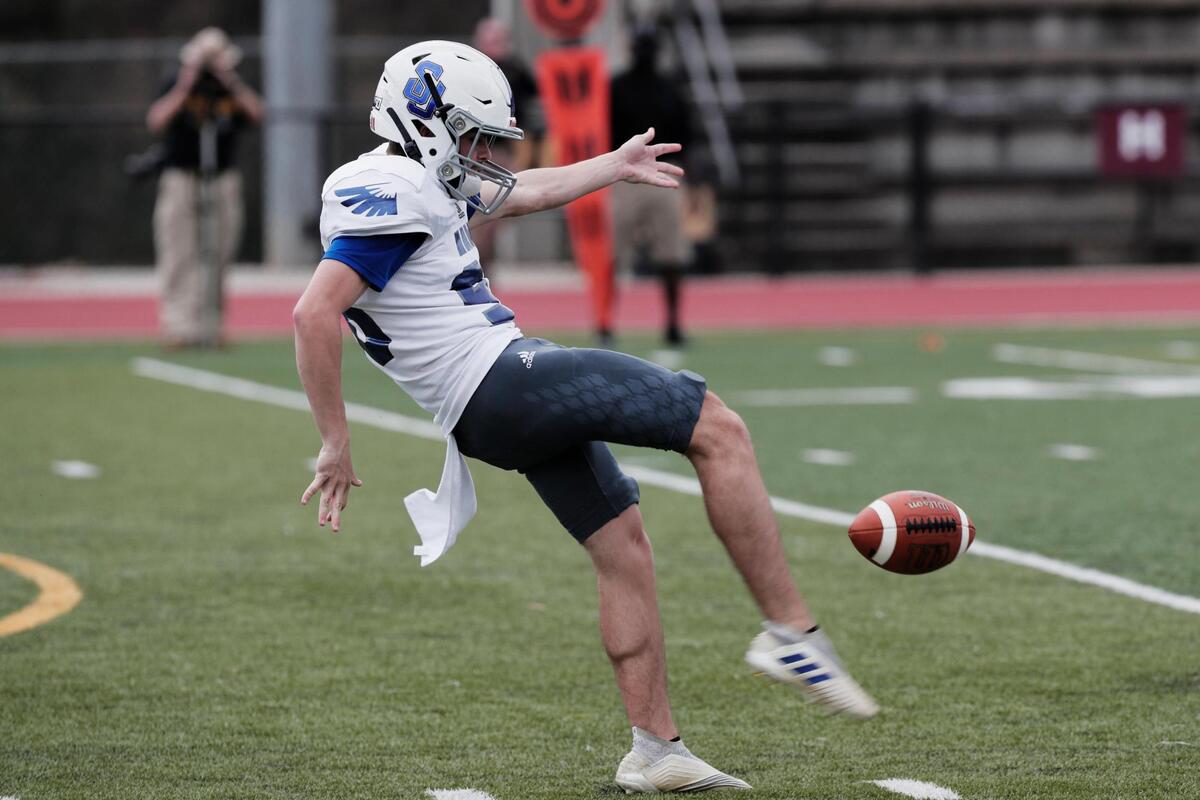 Shorter University’s Nick Pope 98 kicks to Erskine College on Saturday, March 13, 2021.