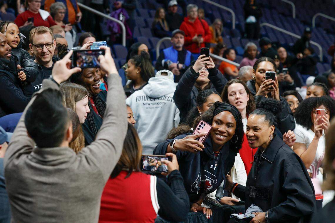 University of South Carolina Head Coach Dawn Staley greets fans after the Gamecocks beat Oregon State at the MVP Arena in Albany, New York on Sunday, March 31, 2024.