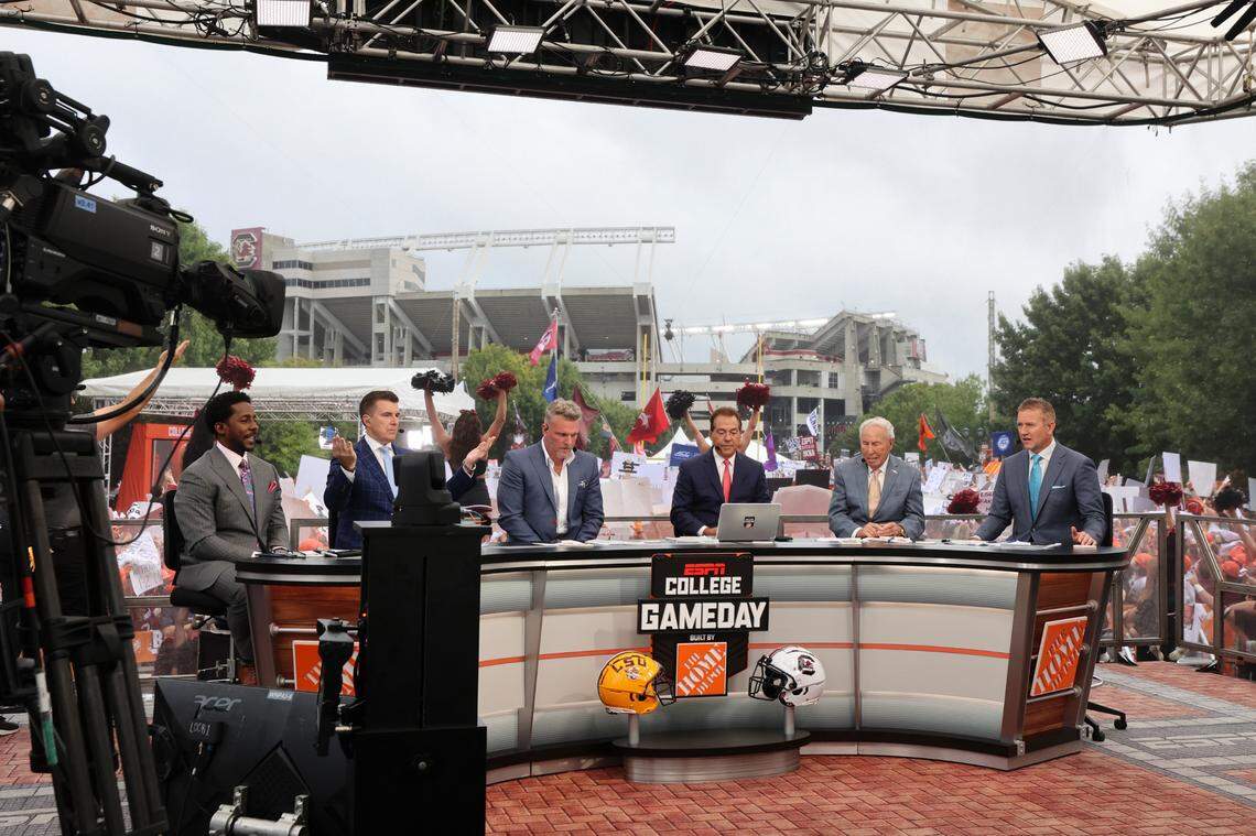 GameDay analysts Desmond Howard, Nick Saban, Pat McAfe , Lee Corso, and Kirk Herbstreit, prepare for the broadcast of ESPN College Gameday at Gamecock Park on Saturday, Sept. 14, 2024.