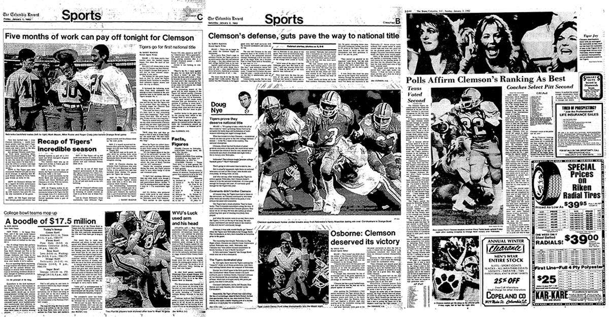Sports pages of The State and the Columbia Record from the time around Clemson’s appearance in the Orange Bowl against Nebraska at the conclusion of the 1981 season.