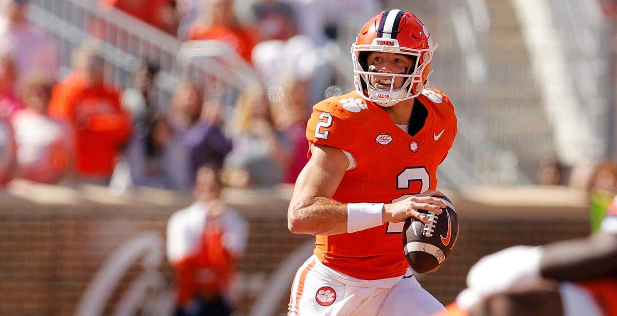Clemson quarterback Cade Klubnik (2) looks for an open receiver against Virginia in Clemson, S.C. on Saturday, Oct. 19, 2024.