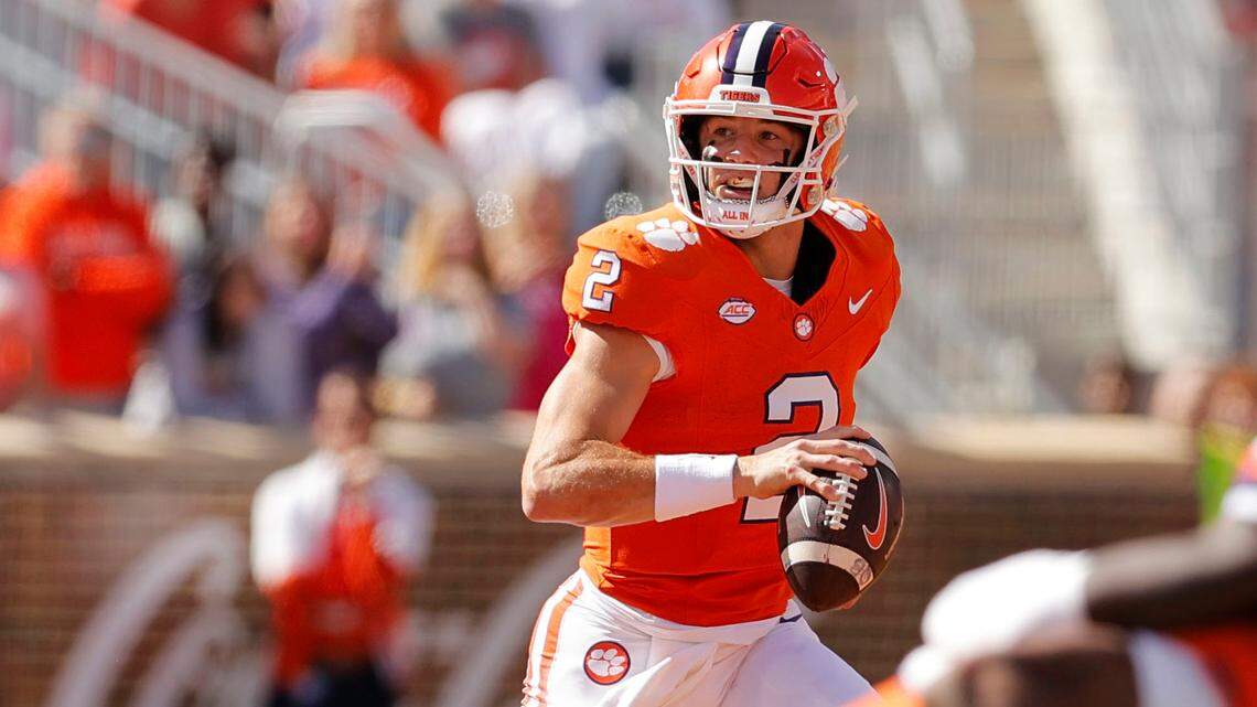 Clemson quarterback Cade Klubnik (2) looks for an open receiver against Virginia in Clemson, S.C. on Saturday, Oct. 19, 2024.