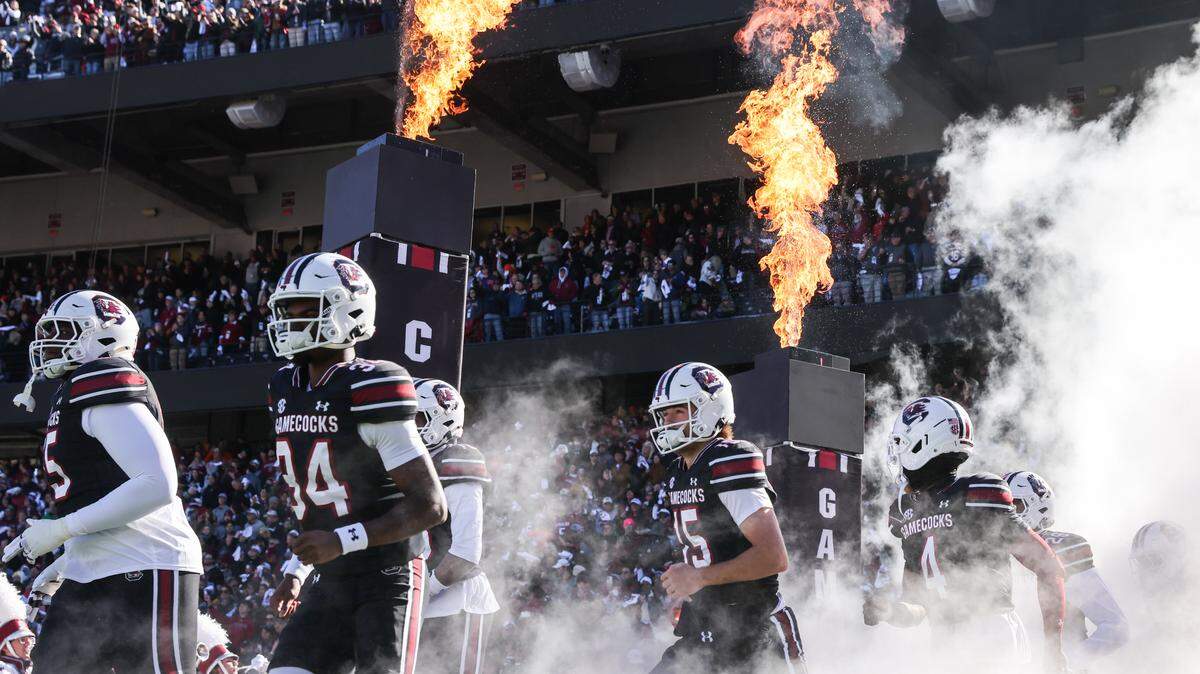 South Carolina players take the field before South Carolina’s game against Clemson at Williams-Brice Stadium in Columbia on Saturday, November 29, 2025.
