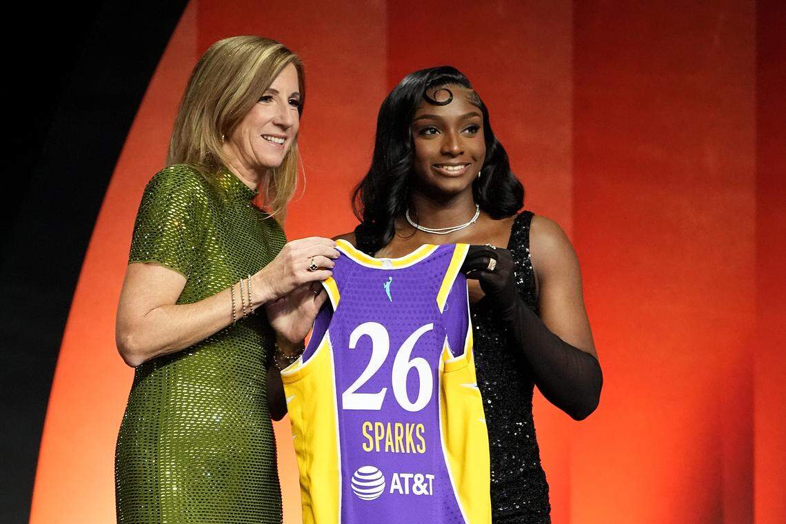 Ta’Niya Latson of South Carolina poses with WNBA Commissioner Cathy Engelbert after being selected with the 20th pick in the second round by the Los Angeles Sparks during the 2026 WNBA Draft at The Shed on April 13, 2026 in New York City.