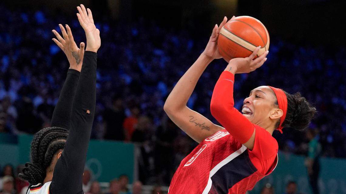 United States forward A’Ja Wilson (9) shoots against Germany forward Satou Sabally (0) in the first half in a women’s group C game during the Paris 2024 Olympic Summer Games at Stade Pierre-Mauroy.