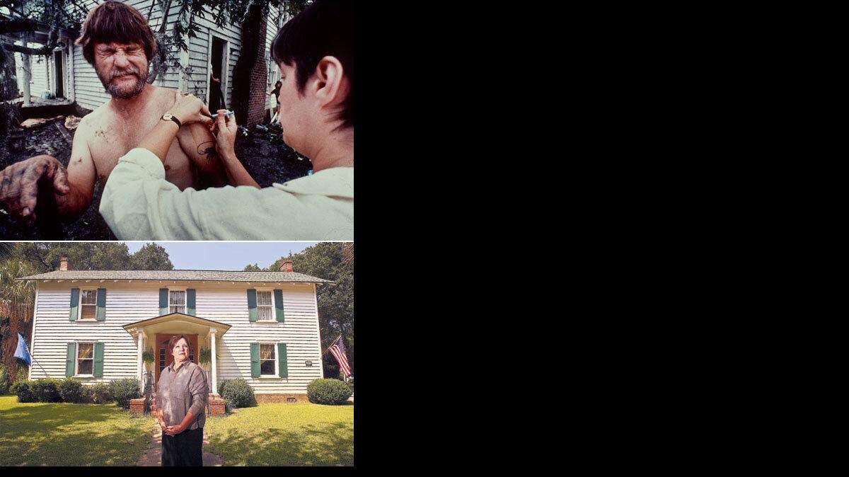 Top (File photo) Mary Scott, a nurse, gives a tetanus shot to her cousin Ben Graham after Hurricane Hugo hit McClellanville. Bottom (Tim Dominick/tdominick@thestate.com) Mary Scott stands in front of her McClellanville home recently.