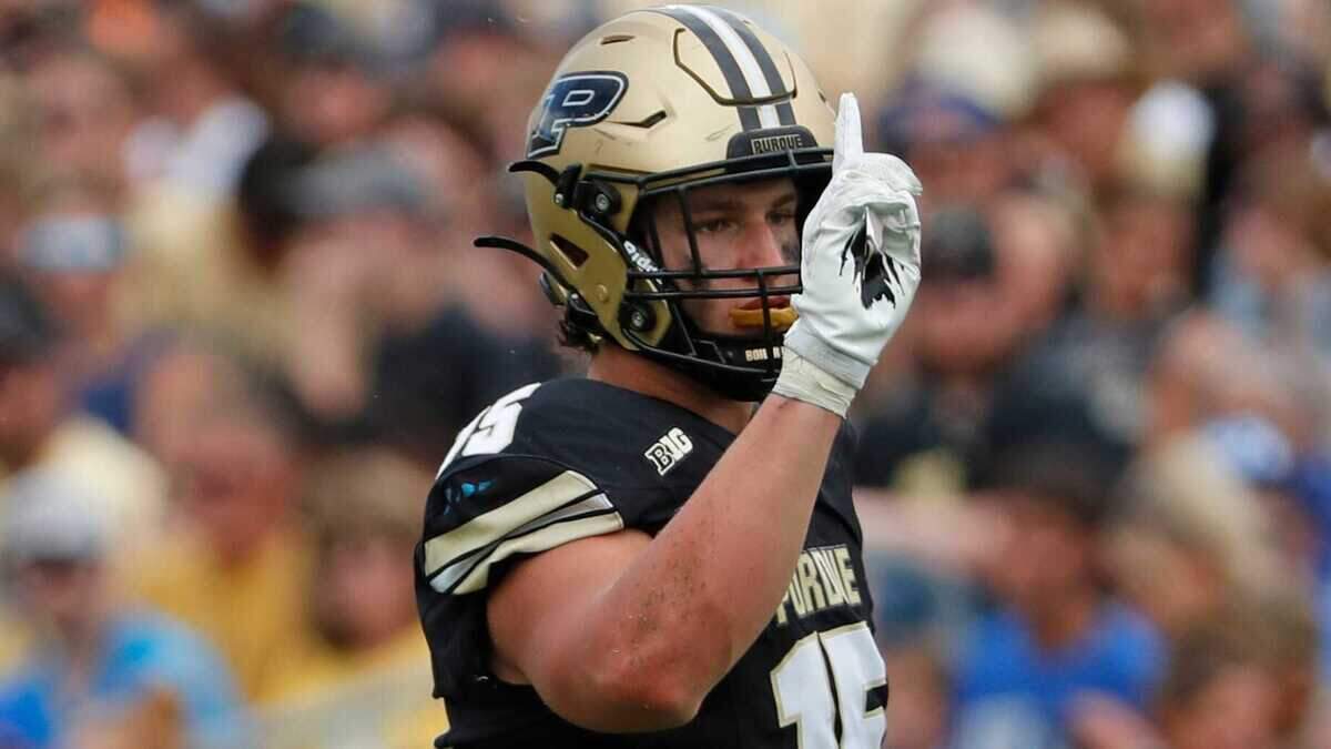 Purdue Boilermakers defensive end Will Heldt (15) reacts after a defensive stop Saturday, Aug. 31, 2024, during the NCAA football game against the Indiana State Sycamores at Ross-Ade Stadium in West Lafayette, Ind.
