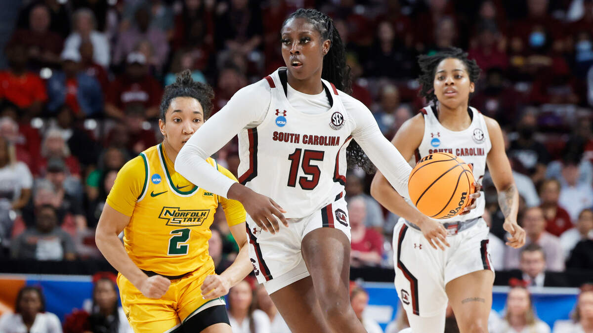 South Carolina’s Laeticia Amihere (15) plays Norfolk State in the NCAA Tournament at Colonial Life Arena on Friday, March 17, 2023.