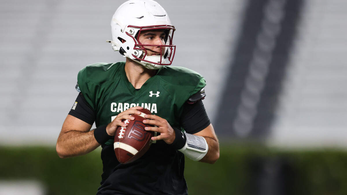 South Carolina quarterback Dante Reno (10) looks to pass during the Garnet and Black Spring Game in Columbia on Friday, April 18, 2025.