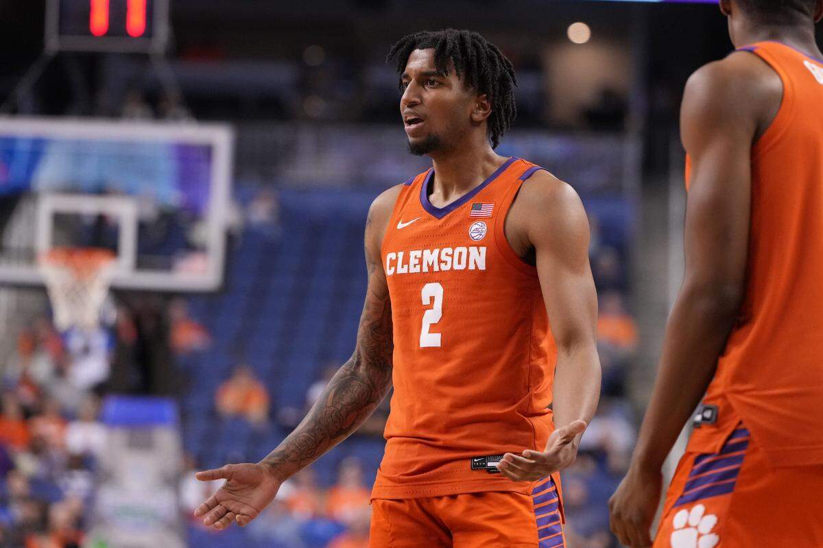 Mar 10, 2023; Greensboro, NC, USA; Clemson Tigers guard Dillon Hunter (2) reacts in the second half during the semifinals of the ACC Tournament at Greensboro Coliseum. Mandatory Credit: Bob Donnan-USA TODAY Sports