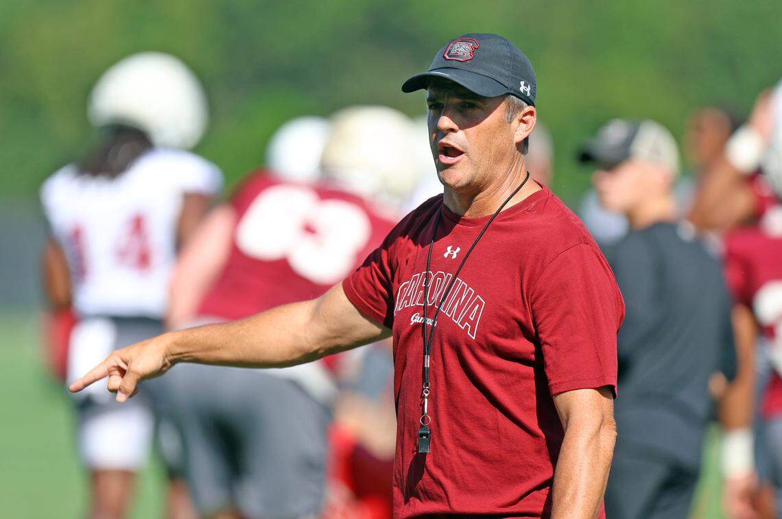 South Carolina football coach Shane Beamer directs his team Friday at the first preseason practice for 2025.