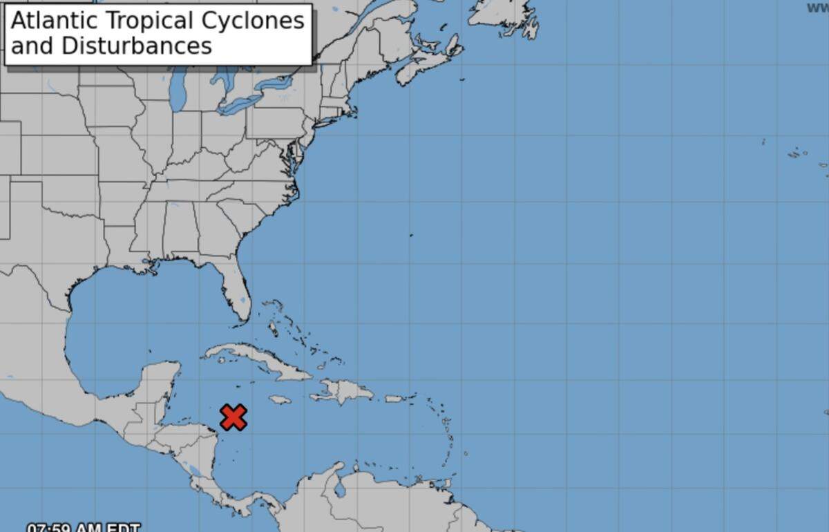 A map showing the location of a weather disturbance developing in the Gulf that could potentially become a tropical storm and hurricane in the coming days.