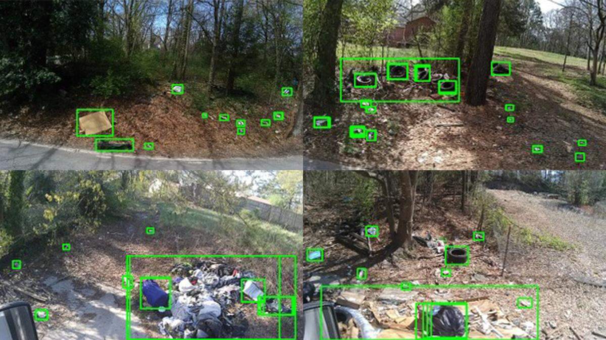 Pictures taken by “City Detect” cameras in Atlanta, G.A. show how AI is used to detect litter and illegal dumping. The green boxes are used to indicate where the violations are.