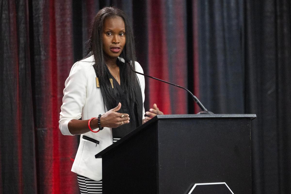 University of South Carolina’s Shalonda Solomon Nurudeen, a former Gamecocks track and field star, is inducted into the university’s hall of fame at Williams-Brice Arena on Friday, November 1, 2024.