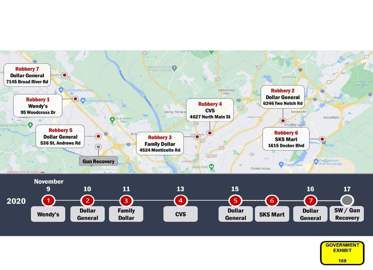 The sites of a string of robberies all tied to Deveon Belk, who was found guilty in federal court.