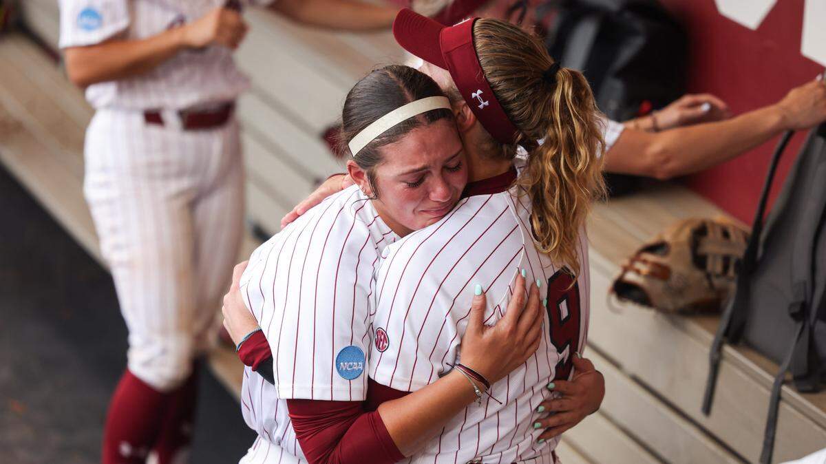 South Carolina players react following the Gamecocks’ loss to UCLA at  Carolina Softball Stadium in Columbia on Sunday, May 25, 2025.


