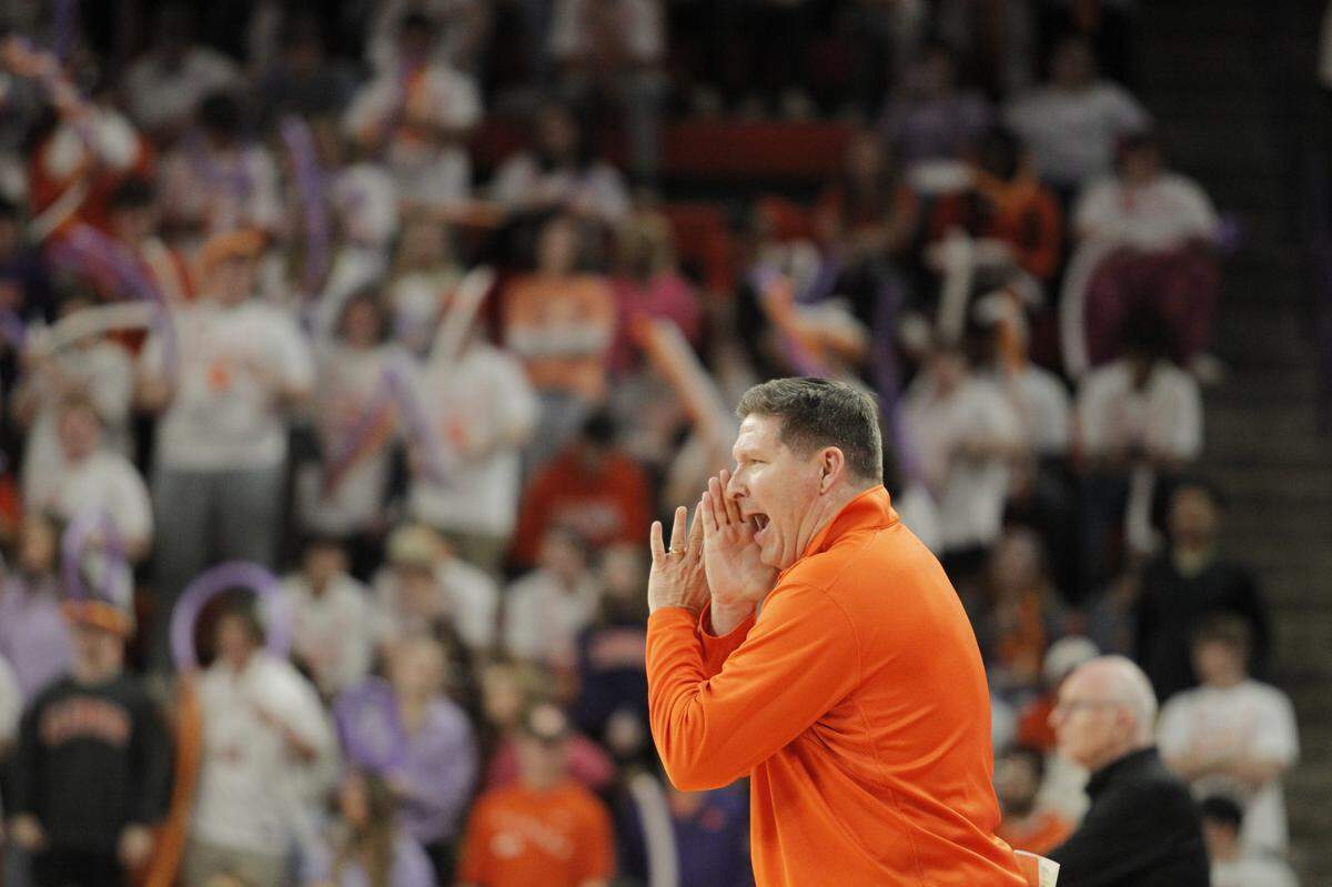 Clemson head coach Brad Brownell is seen against Miami during first-half action in Clemson, S.C. on Wednesday, Feb. 14, 2024.