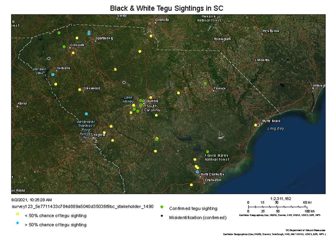 South Carolina DNR provided a map of tegu sightings.