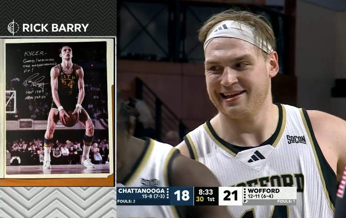 Kyler Filewich grins after making his first underhanded free throw Feb. 5 against Chattanooga.