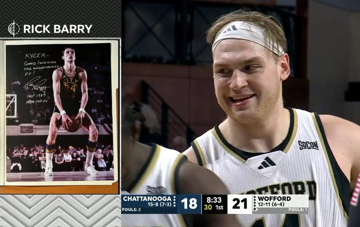 Kyler Filewich grins after making his first underhanded free throw Feb. 5 against Chattanooga.