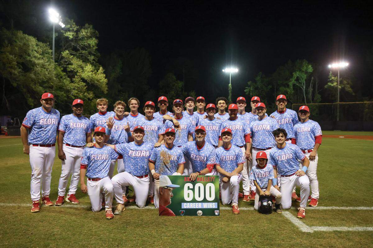 AC Flora head coach Andy Hallett stands with his team after his 600th win following AC Flora’s game against South Pointe in Columbia on Tuesday, March 31, 2026.